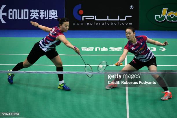 Lee So Hee and Shin Seung Chan of Korea compete against Vivian Hoo and Jing Yi Tee of Malaysia during Women's Team Quarter-final match of the E-Plus...