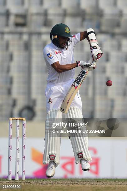 Bangladesh's Mehedi Hasan plays a shot during the second day of the second cricket Test between Bangladesh and Sri Lanka at the Sher-e-Bangla...