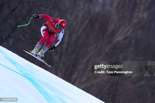 Patrick Kueng of Switzerland makes a run during the Men's Downhill Alpine Skiing training at Jeongseon Alpine Centre on February 9, 2018 in...