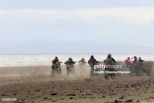 Riders race along Oreti Beach during the Indian Motorcycle NZ Beach Racing Champs on February 9, 2018 in Invercargill, New Zealand.