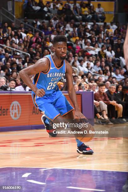 Daniel Hamilton of the Oklahoma City Thunder handle she ball during the game against the Los Angeles Lakers on February 8, 2018 at STAPLES Center in...