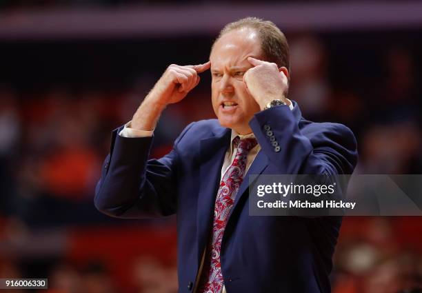 Head coach Greg Gard of the Wisconsin Badgers gestures during the game against the Illinois Fighting Illini at State Farm Center on February 8, 2018...