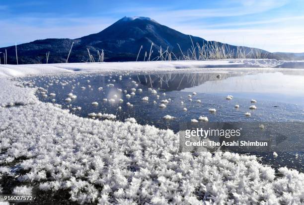 Frost flower' is observed on the frozen surface of Lake Akan on February 8, 2017 in Kushiro, Hokkaido, Japan. The delicate features are formed by...