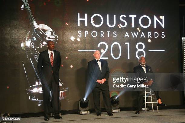 Hakeem Olajuwon, Nolan Ryan, and Earl Campbell are recognized during the Houston Sports Awards on February 8, 2018 in Houston, Texas.