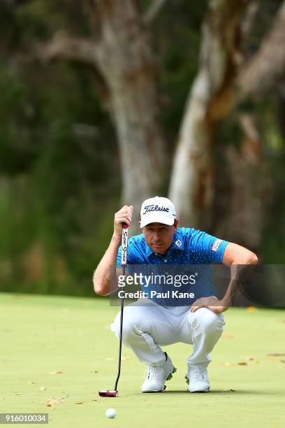 Brett Rumford of Australia reads the 3rd green during day two of the World Super 6 at Lake Karrinyup Country Club on February 9, 2018 in Perth,...