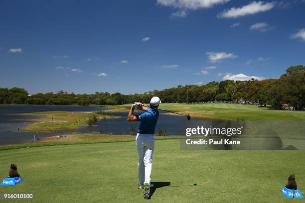 Brett Rumford of Australia plays his tee shot on the 3rd hole during day two of the World Super 6 at Lake Karrinyup Country Club on February 9, 2018...