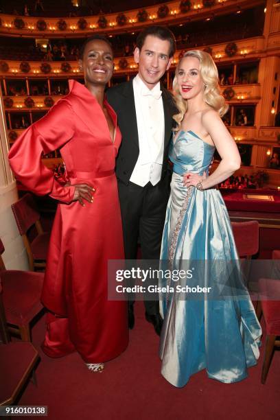 Waris Dirie, Chancellor Sebastian Kurz, fashion designer Silvia Schneider during the Opera Ball Vienna at Vienna State Opera on February 8, 2018 in...