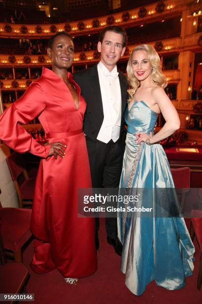 Waris Dirie, Chancellor Sebastian Kurz, fashion designer Silvia Schneider during the Opera Ball Vienna at Vienna State Opera on February 8, 2018 in...
