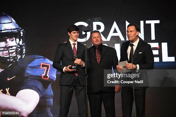 Grant Gunnell is recognized by Roger Clemens and Glen Davis during the Houston Sports Awards on February 8, 2018 in Houston, Texas.