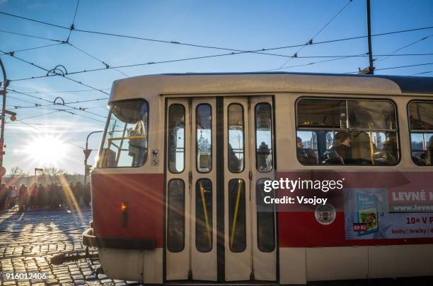 the tram horizontal in the city, prague, czech republic - vsojoy stockfoto's en -beelden