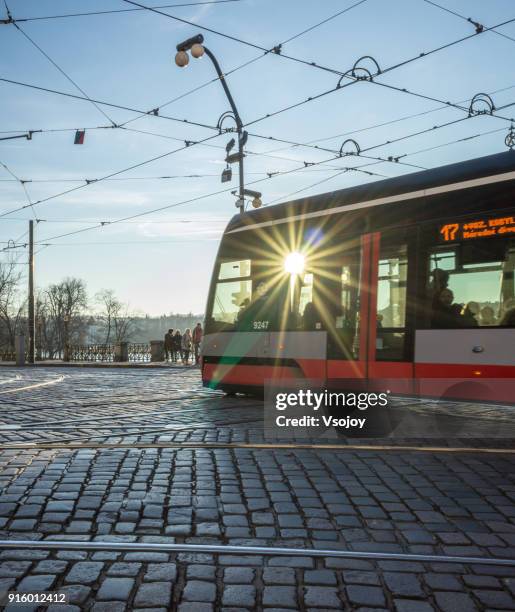 the tram vertical in the city, prague, czech republic - vsojoy fotografías e imágenes de stock