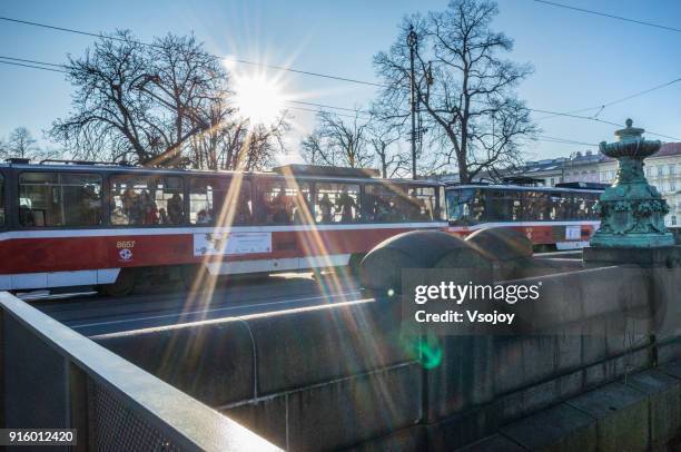 moving tramway and shining sunlight, prague, czech republic - vsojoy stock pictures, royalty-free photos & images