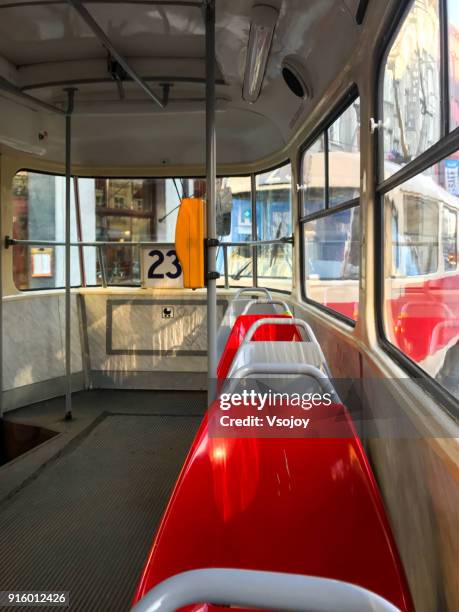 inside the tramway, prague, czech republic - vsojoy stockfoto's en -beelden