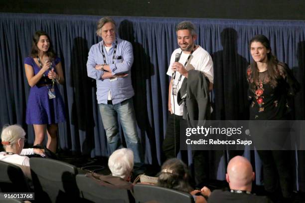 Moderator Whitney Murdy, actor Jose de Abreu, director Tiago Arakilian and writer Luisa Parnes speak at a screening of 'Before I Forget' during The...