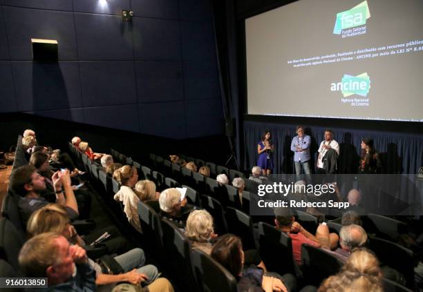 Moderator Whitney Murdy, actor Jose de Abreu, director Tiago Arakilian and writer Luisa Parnes speak at a screening of 'Before I Forget' during The...