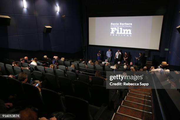 Moderator Whitney Murdy, actor Jose de Abreu, director Tiago Arakilian and writer Luisa Parnes speak at a screening of 'Before I Forget' during The...