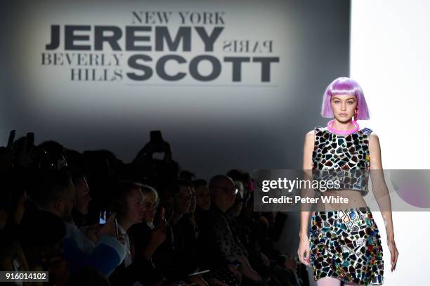 Model Gigi Hadid walks the runway for Jeremy Scott during New York Fashion Week: The Shows at Gallery I at Spring Studios on February 8, 2018 in New...