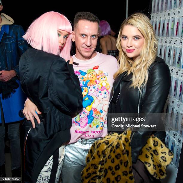 Stella Maxwell, Jeremy Scott and Ashley Benson pose backstage before the Jeremy Scott fashion show during New York Fashion Week at Gallery I at...