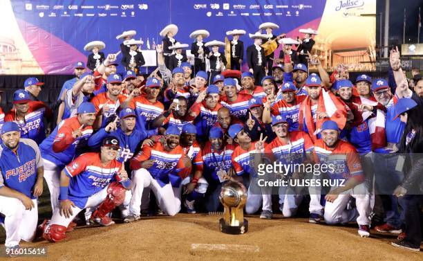 Puerto Rico's Luis Matos of Criollos de Caguas celebrate with the trophy after the final of Caribbean Baseball Serie at the Charros Jalisco stadium...