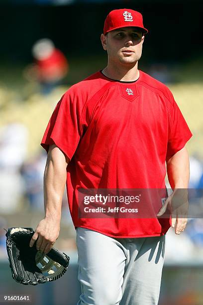 Matt Holliday of the St. Louis Cardinals looks on during batting practice before taking on the Los Angeles Dodgers in Game Two of the NLDS during the...