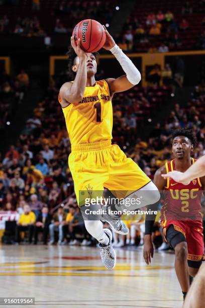 Arizona State Sun Devils guard Remy Martin shoots the ball during the college basketball game between the USC Trojans and the Arizona State Sun...