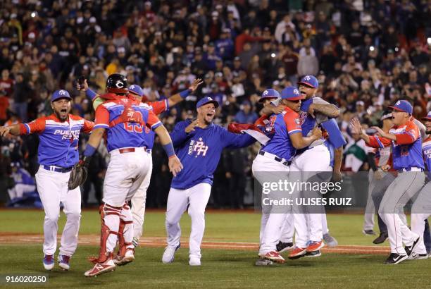 Puerto Rico's players of Criollos de Caguas celebrate after the final of Caribbean Baseball Serie at the Charros Jalisco stadium in Guadalajara,...