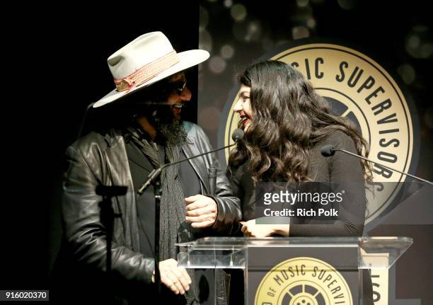 Don Was and Sanaz Lavaedian speak onstage during the 8th Annual Guild of Music Supervisors Awards at The Theatre at Ace Hotel on February 8, 2018 in...