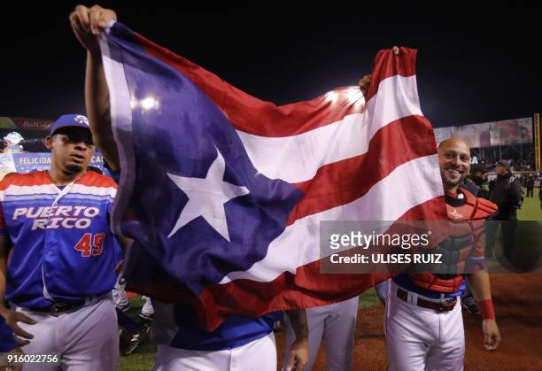 Puerto Rico's players of Criollos de Caguas celebrate after the final of Caribbean Baseball Serie at the Charros Jalisco stadium in Guadalajara,...