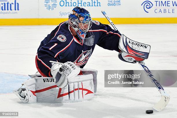 Goaltender Steve Mason of the Columbus Blue Jackets makes a save against the Minnesota Wild on October 3, 2009 at Nationwide Arena in Columbus, Ohio.