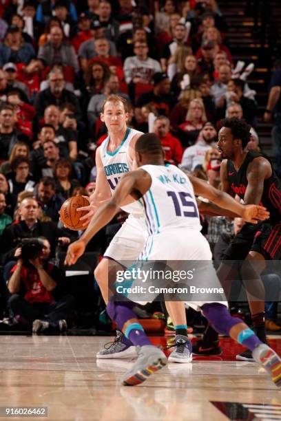 Cody Zeller of the Charlotte Hornets handles the ball against the Portland Trail Blazers on February 8, 2018 at the Moda Center in Portland, Oregon....