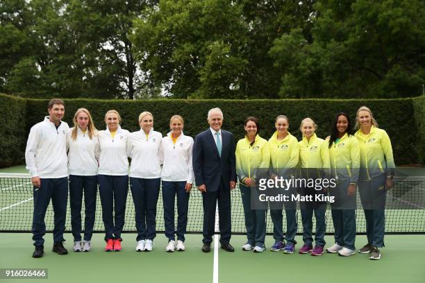 The Prime Minister of Australia Malcolm Turnbull poses with the Australia and Ukraine teams during a Prime Minister's reception at The Lodge ahead of...