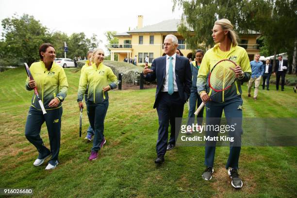 The Prime Minister of Australia Malcolm Turnbull talks to Casey Dellacqua and Daria Gavrilova of Australia and Australia captain Alicia Molik during...