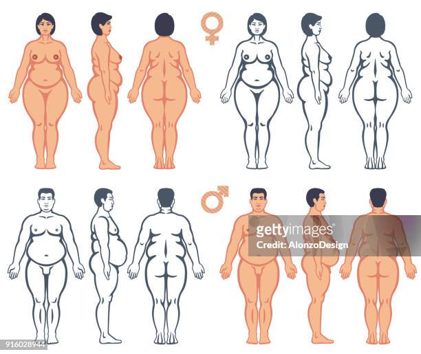 übergewichtiger mann und frau vektor-silhouetten - fat woman stock-grafiken, -clipart, -cartoons und -symbole