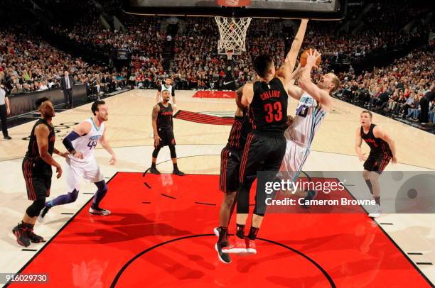 Cody Zeller of the Charlotte Hornets dunks against the Portland Trail Blazers on February 8, 2018 at the Moda Center in Portland, Oregon. NOTE TO...