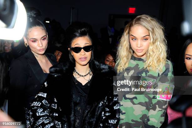 Kehlani, Cardi B and Jasmine Sanders attend Jeremy Scott - Front Row - during New York Fashion Week: The Shows at Spring Studios on February 8, 2018...