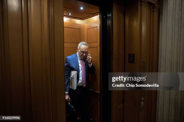 Senate Minority Leader Charles Schumer leaves the U.S. Capitol following votes early in the morning February 9, 2018 in Washington, DC. Despite an...