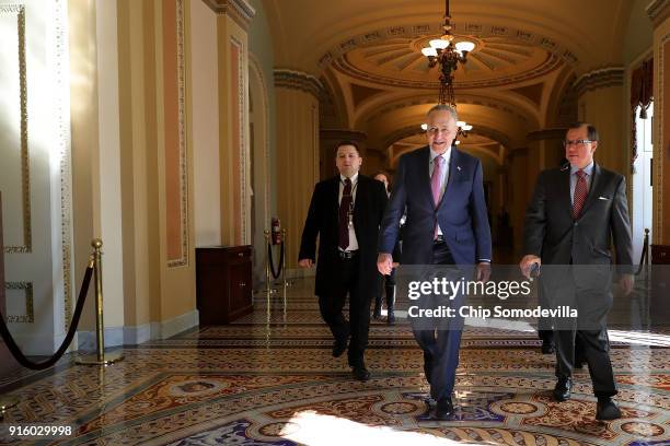 Senate Minority Leader Charles Schumer returns to his office following a Senate Democratic caucus luncheon at the U.S. Capitol February 8, 2018 in...