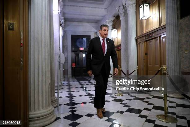 Sen. Joe Manchin arrives at the U.S. Capitol for early morning votes February 9, 2018 in Washington, DC. Despite an attempt by Sen. Rand Paul to slow...