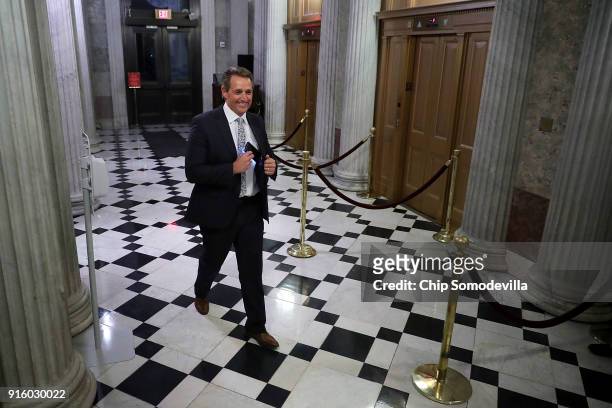 Sen. Jeff Flake arrives at the U.S. Capitol for early morning votes February 9, 2018 in Washington, DC. Despite an attempt by Sen. Rand Paul to slow...