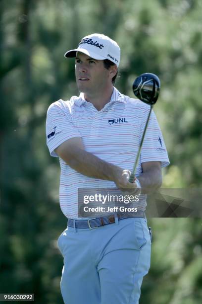 Ben Martin plays his shot from the 18th tee during Round One of the AT&T Pebble Beach Pro-Am at Monterey Peninsula Country Club on February 8, 2018...