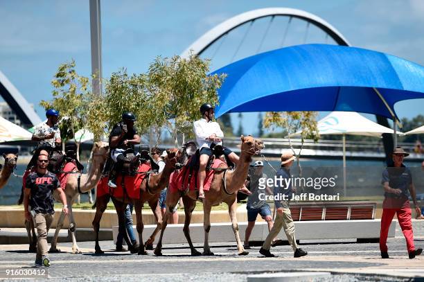Luke Rockhold arrives on a camel before holding an open workout for fans and media during the UFC 221 Open Workouts at Elizabeth Quay on February 9,...