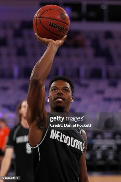 Carrick Felix of Melbourne United warms up before the round 18 NBL match between Melbourne United and the New Zealand Breakers at Hisense Arena on...