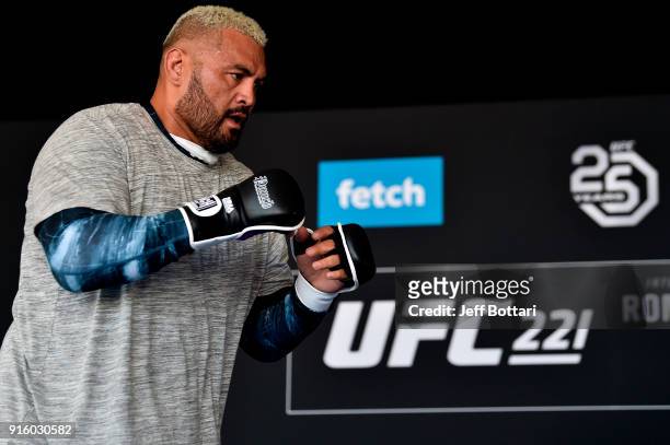 Mark Hunt of New Zealand holds an open workout for fans and media during the UFC 221 Open Workouts at Elizabeth Quay on February 9, 2018 in Perth,...