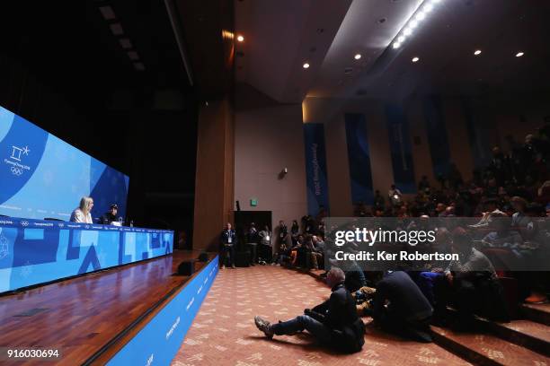 United States alpine skier Lindsey Vonn attends her press conference at the Main Press Centre during previews ahead of the PyeongChang 2018 Winter...