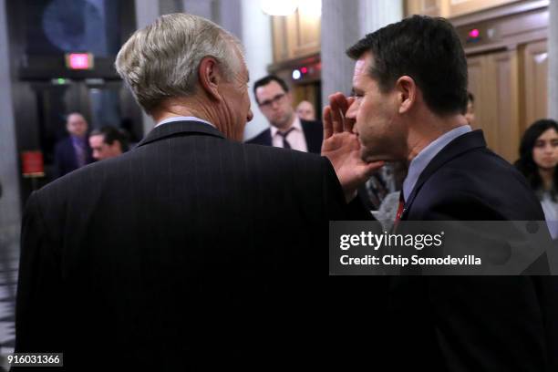 Sen. Angus King and Sen. Todd Young leave the U.S. Capitol following early morning votes February 9, 2018 in Washington, DC. Despite an attempt by...