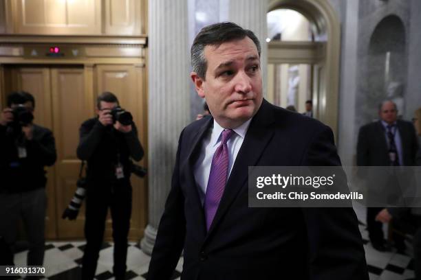 Sen. Ted Cruz leaves the Senate Chamber following early morning votes at the U.S. Capitol February 9, 2018 in Washington, DC. Despite an attempt by...