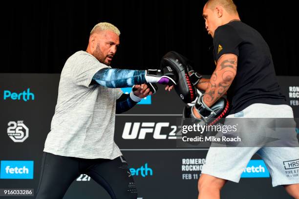 Mark Hunt of New Zealand holds an open workout for fans and media during the UFC 221 Open Workouts at Elizabeth Quay on February 9, 2018 in Perth,...