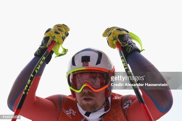 Aksel Lund Svindal of Norway prepares a run during the Men's Downhill Alpine Skiing training at Jeongseon Alpine Centre on February 9, 2018 in...