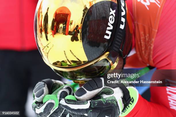 Johan Clarey of France looks on during the Men's Downhill Alpine Skiing training at Jeongseon Alpine Centre on February 9, 2018 in Pyeongchang-gun,...
