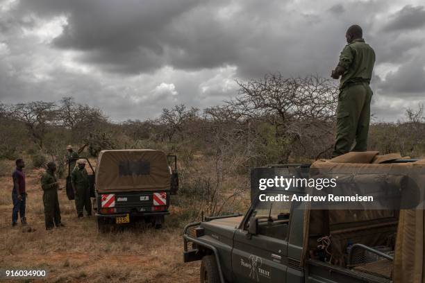 An elephant collaring team takes a break during an operation on February 2, 2018 in an area of ranches in Taita-Taveta County, Kenya. The operation...